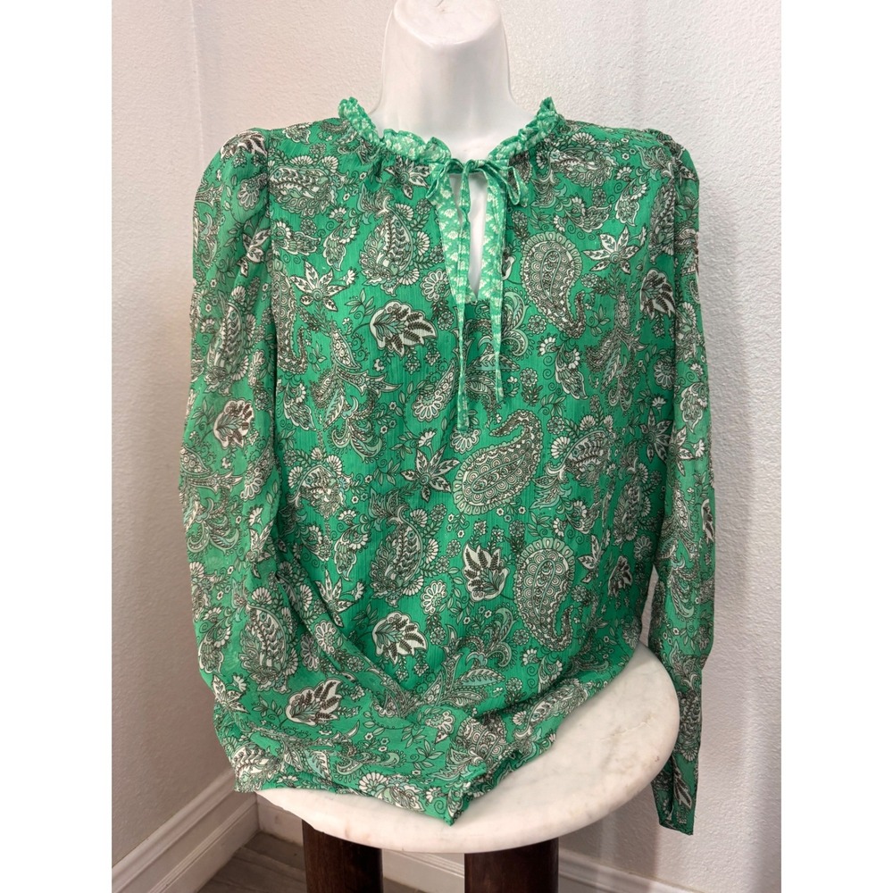 Cupcakes and Cashmere Green Paisley Ruffle Tie Neck Blouse Small Metallic Accent